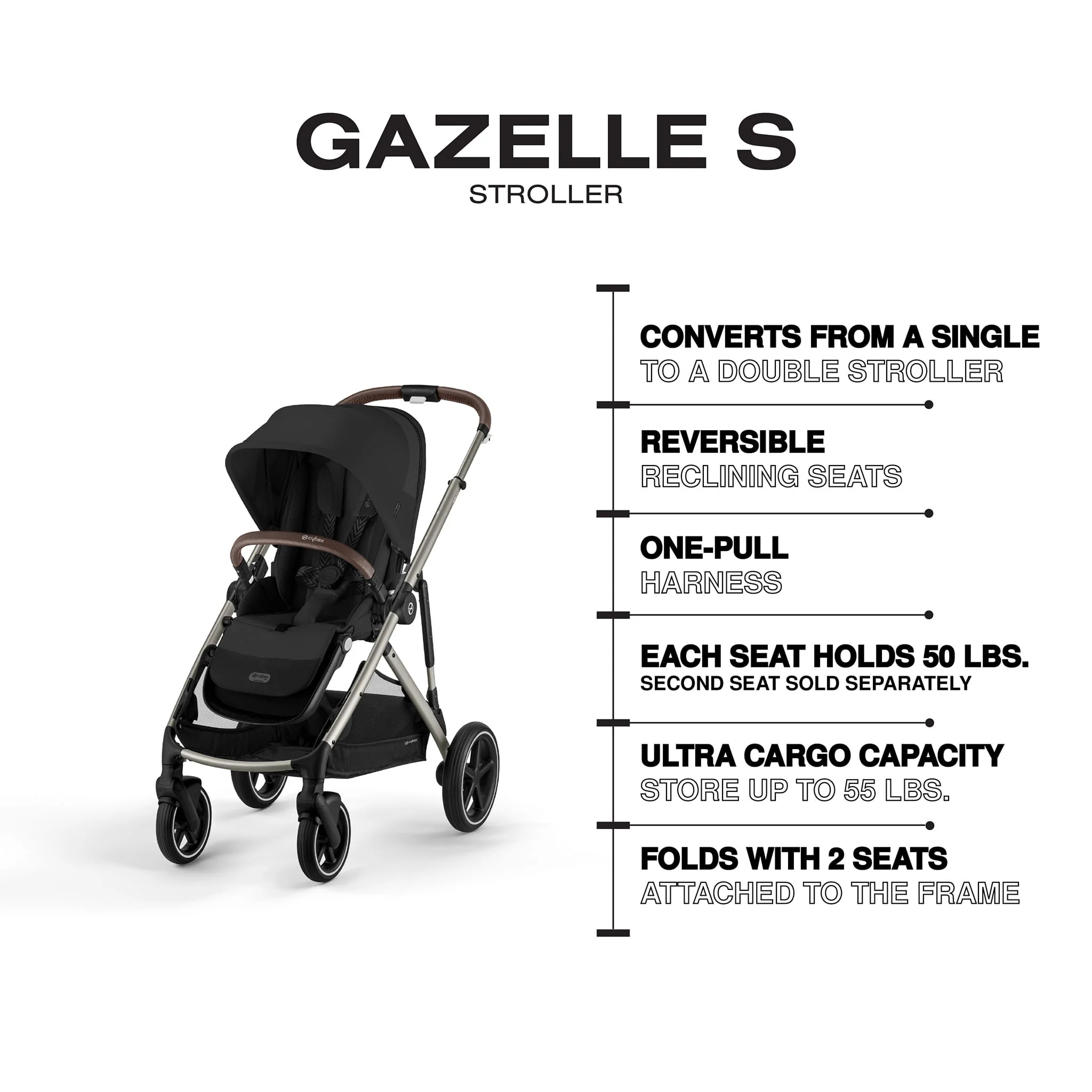 Poussette Gazelle S – Châssis Taupe avec siège Noir Moon - Image 11