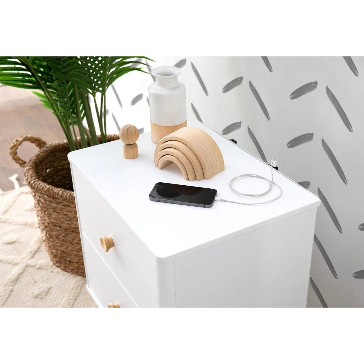 Table de Nuit Lolly avec Port USB - Blanc et Naturel - Image 8